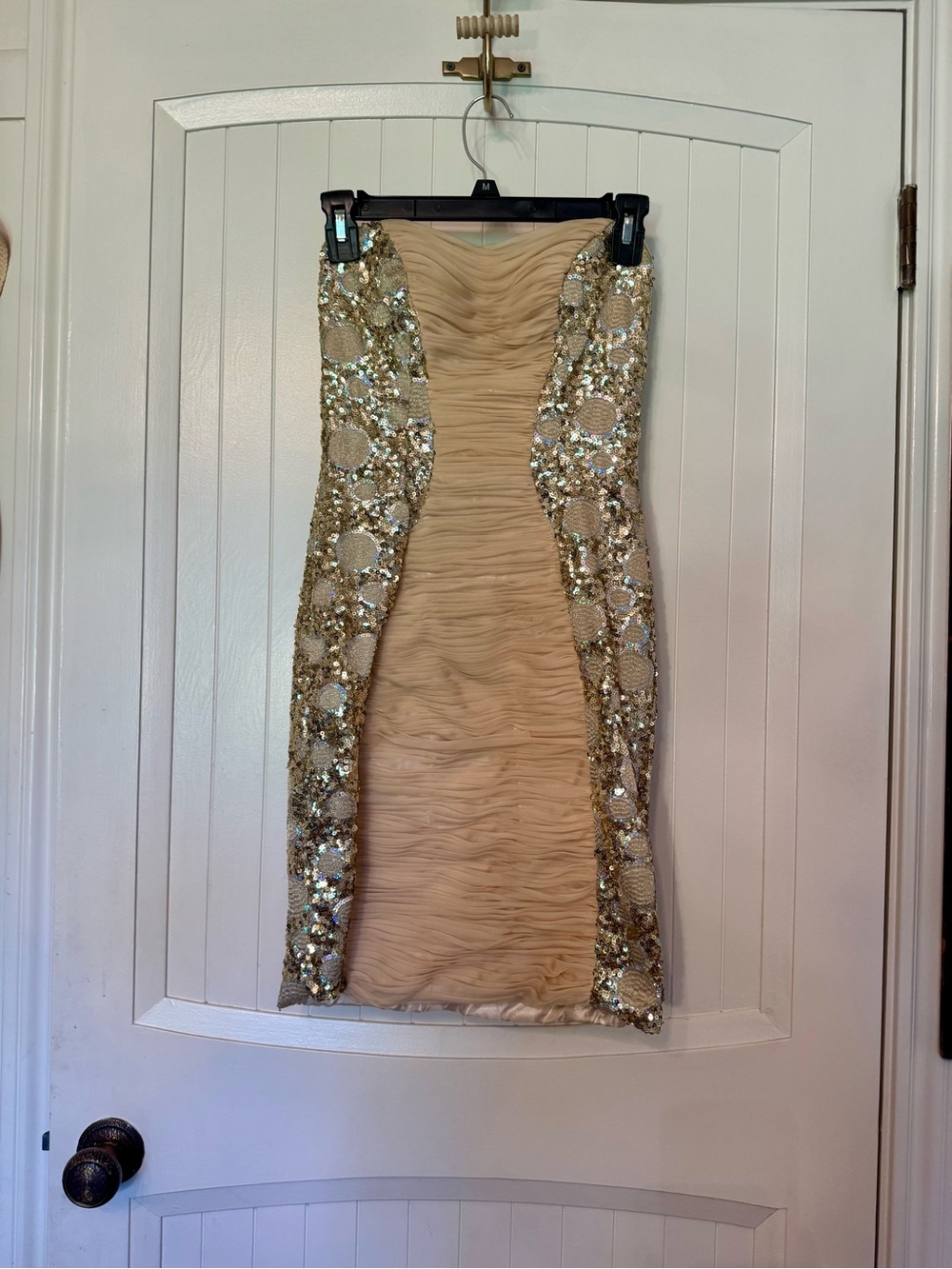 Strapless Nude Midi Dress with Gold Sequin Side Panels